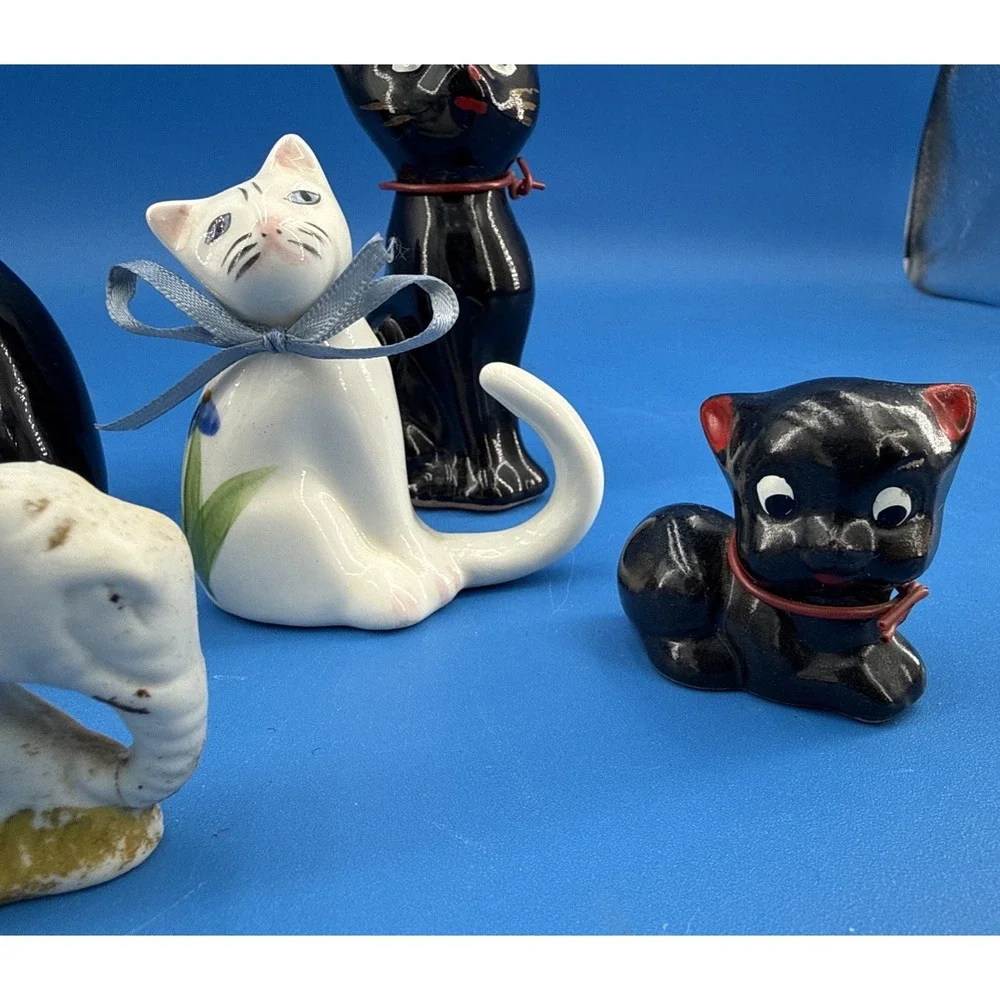 Vtg 7 Mini cat figurine 1 Elephant Porcelain Japan mid century kitty Cat